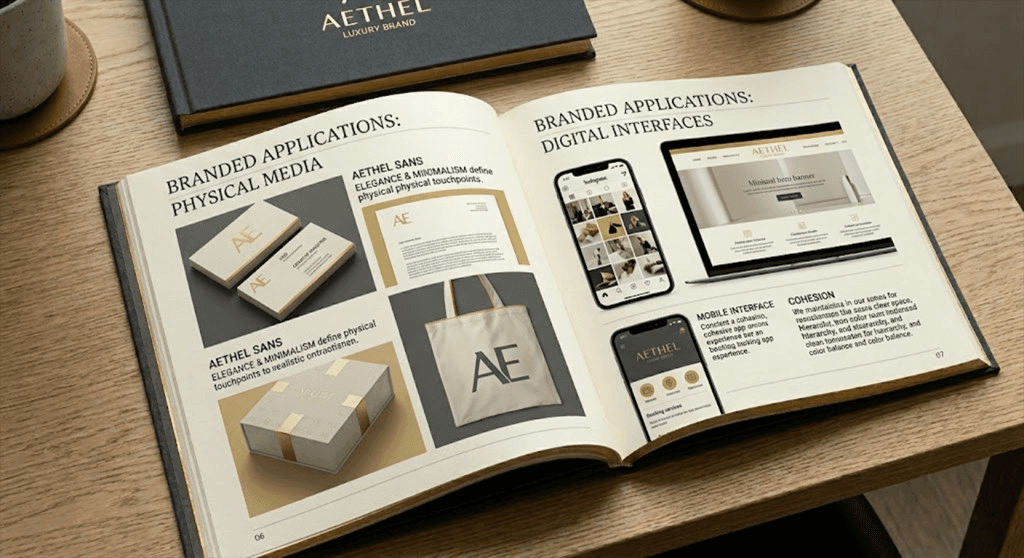 Aethel brand guidelines — branded applications across physical media and digital interfaces