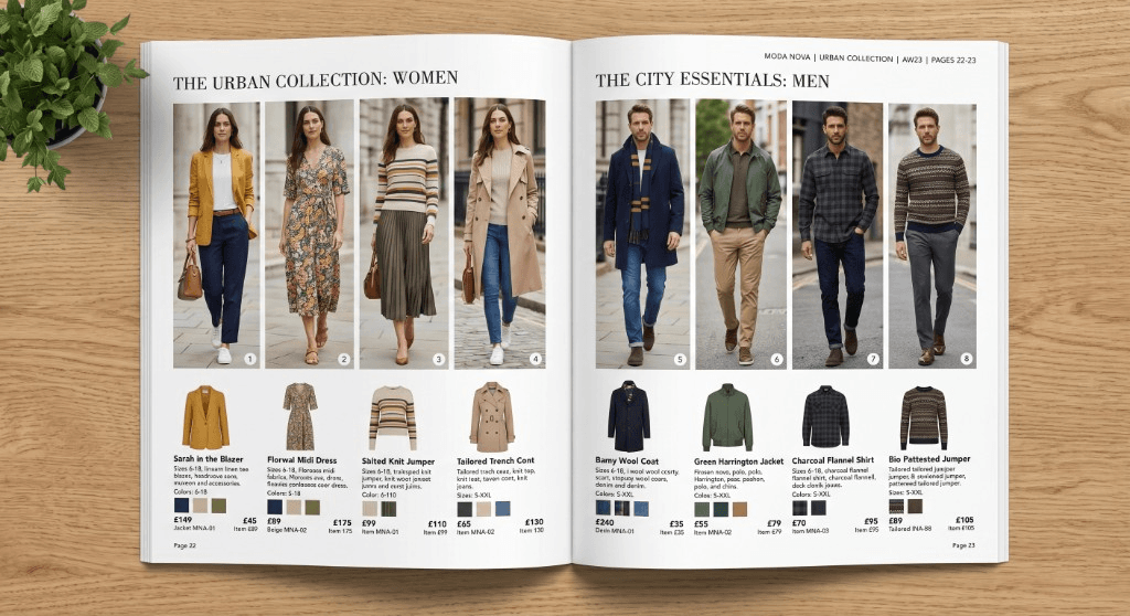 Fashion catalog spread — Urban Collection women and City Essentials men