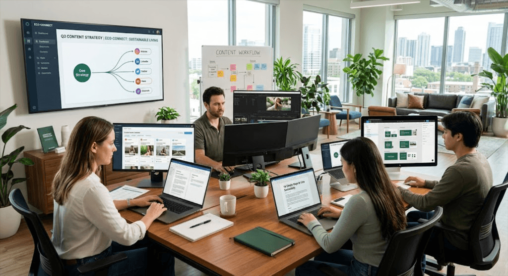 Small marketing team collaborating on a content workflow — strategy dashboards, editing, and social calendar across multiple screens